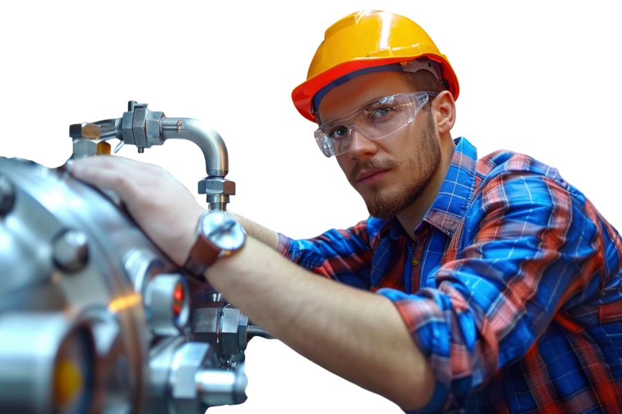 Técnico especialista revisando un sistema hidráulico industrial